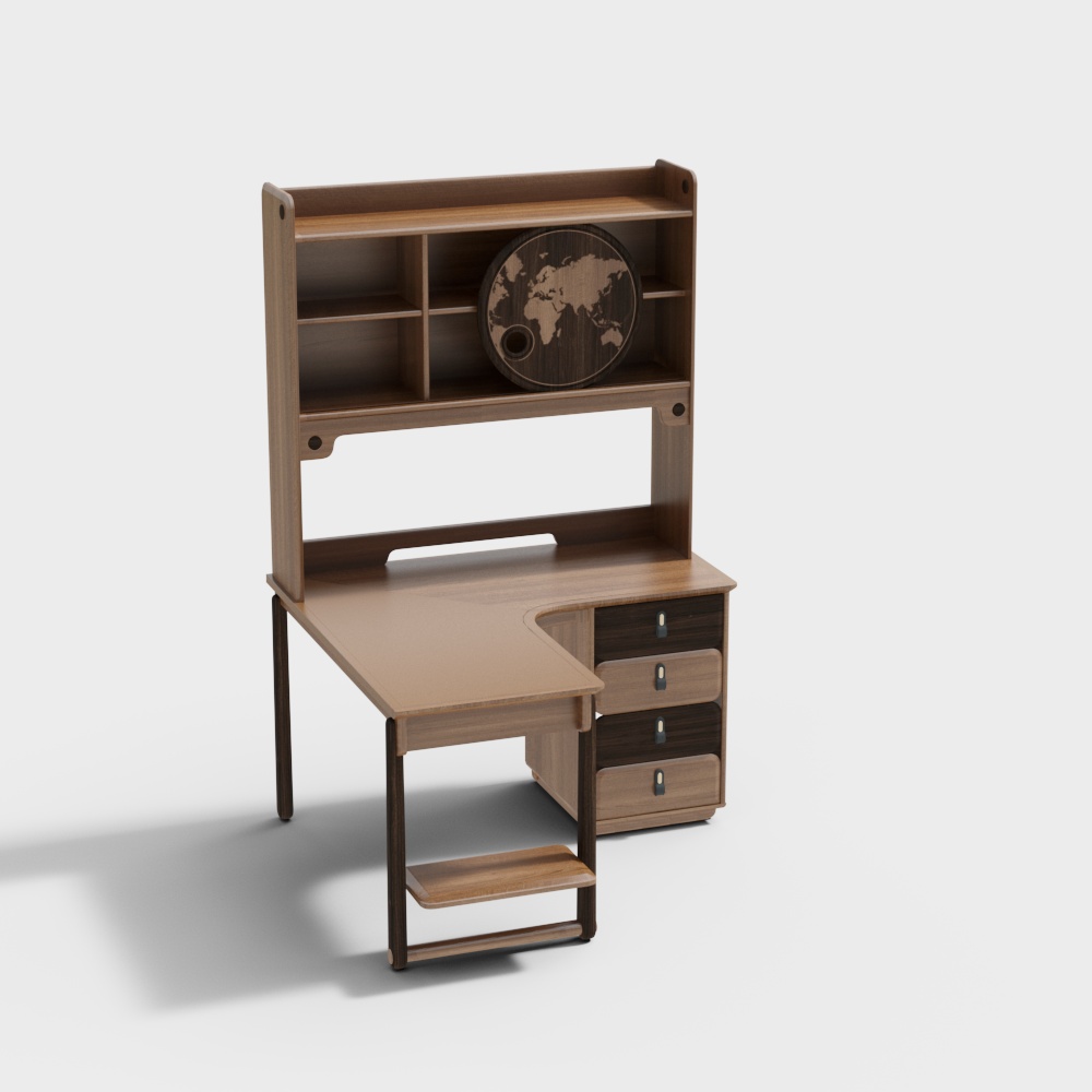 Modern brown wooden corner desk with hutch and four drawers on white background
