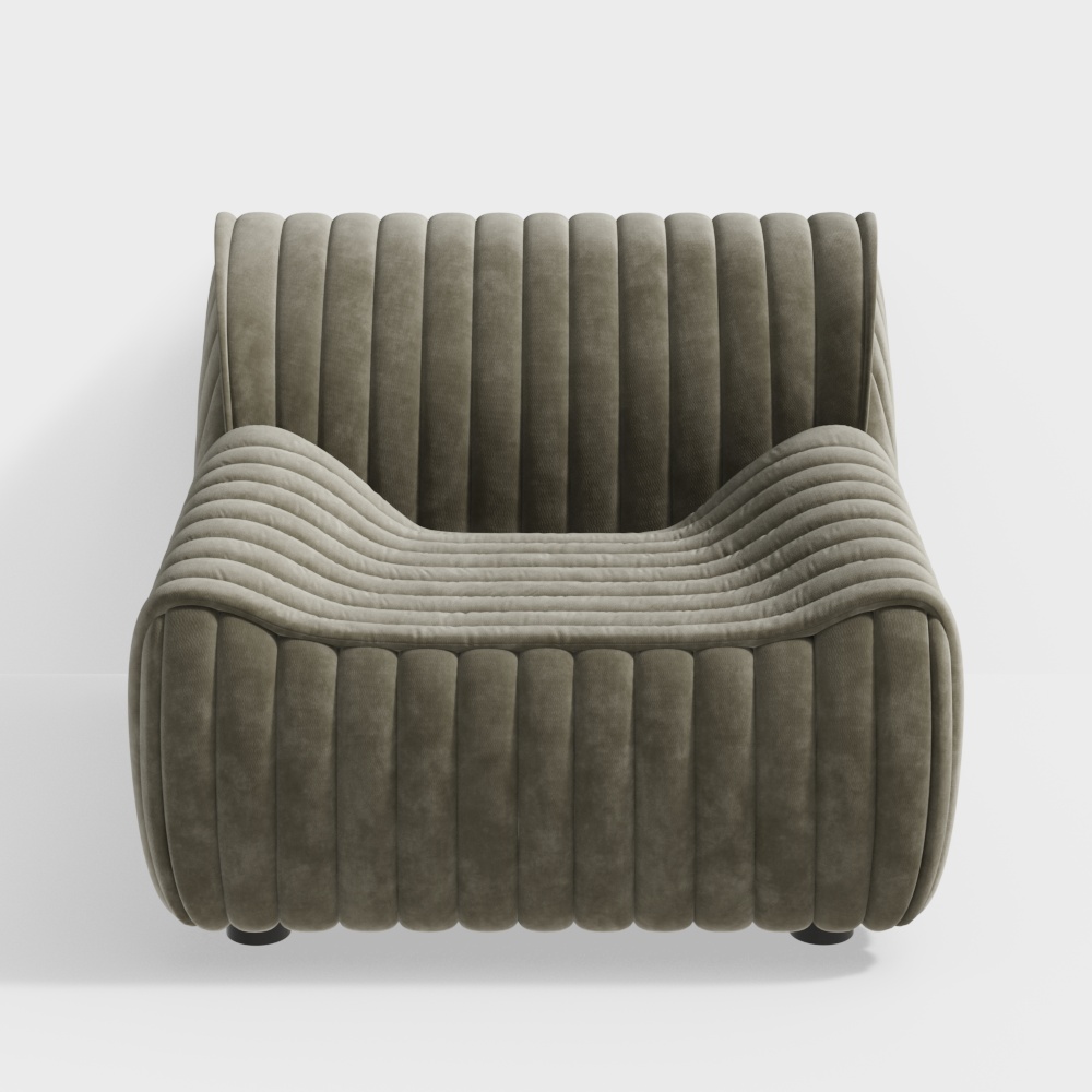 Modern grey velvet armchair with vertical ribbed texture and small black legs on white background