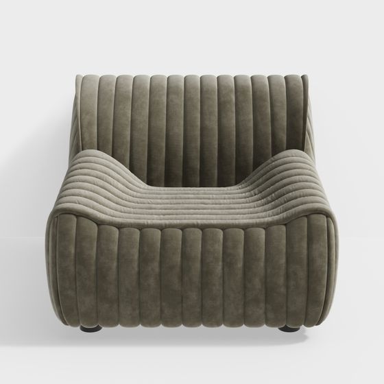 Modern grey velvet armchair with vertical ribbed texture and small black legs on white background