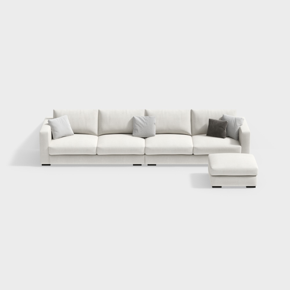 Modern white fabric sectional sofa with footrest and grey pillows on light grey background