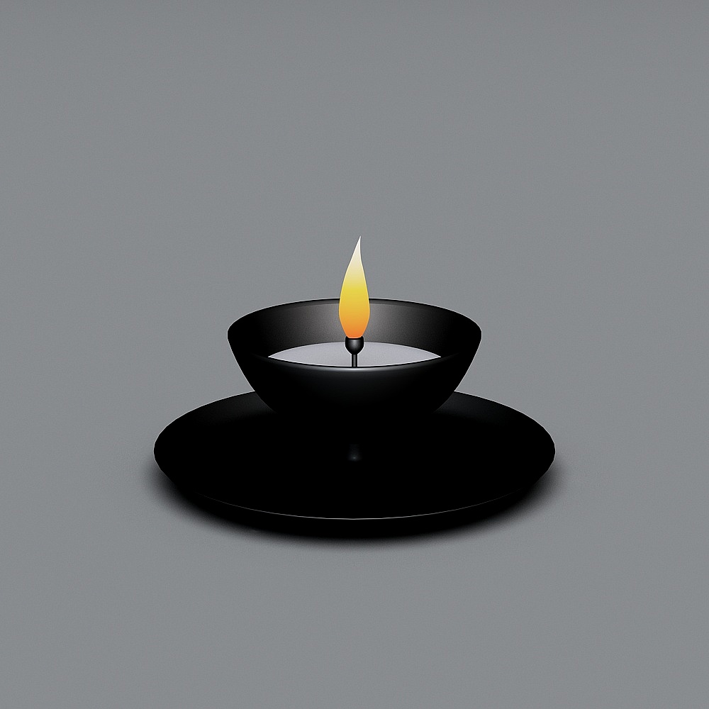 Black metal tea light candle holder with lit flame on grey background