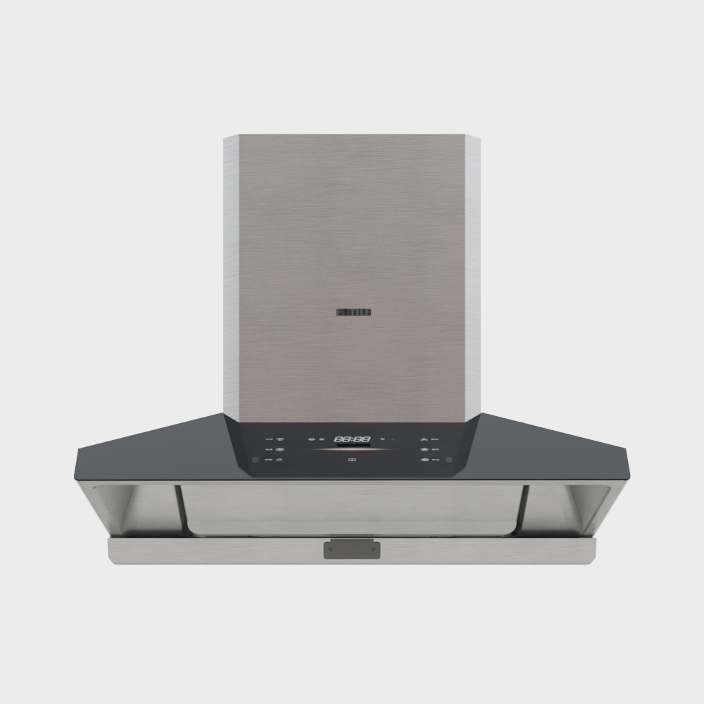 Modern stainless steel kitchen range hood with black glass control panel on white background