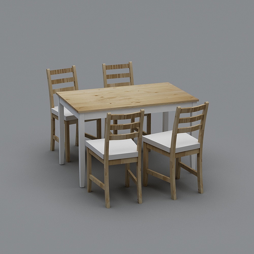 Modern dining table with four chairs and white seats on grey background