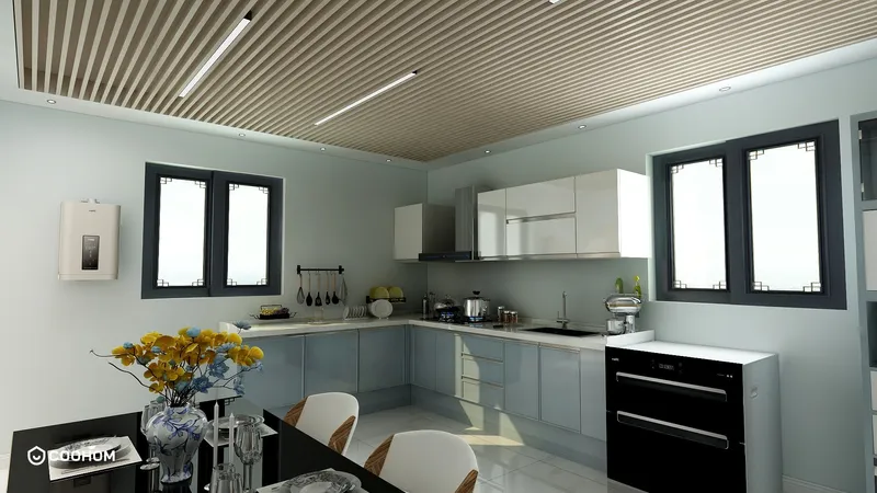 Modern kitchen featuring blue cabinets wooden ceiling white counters black windows and a dining table