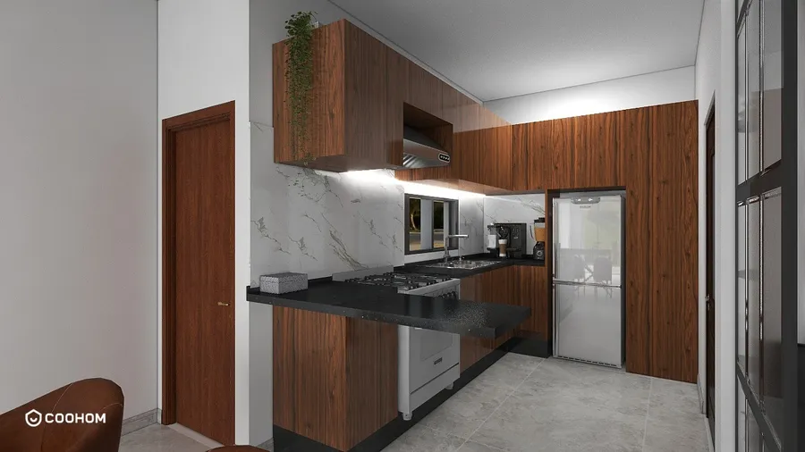 Modern kitchen design with dark wood cabinets marble backsplash black countertop stove and silver refrigerator