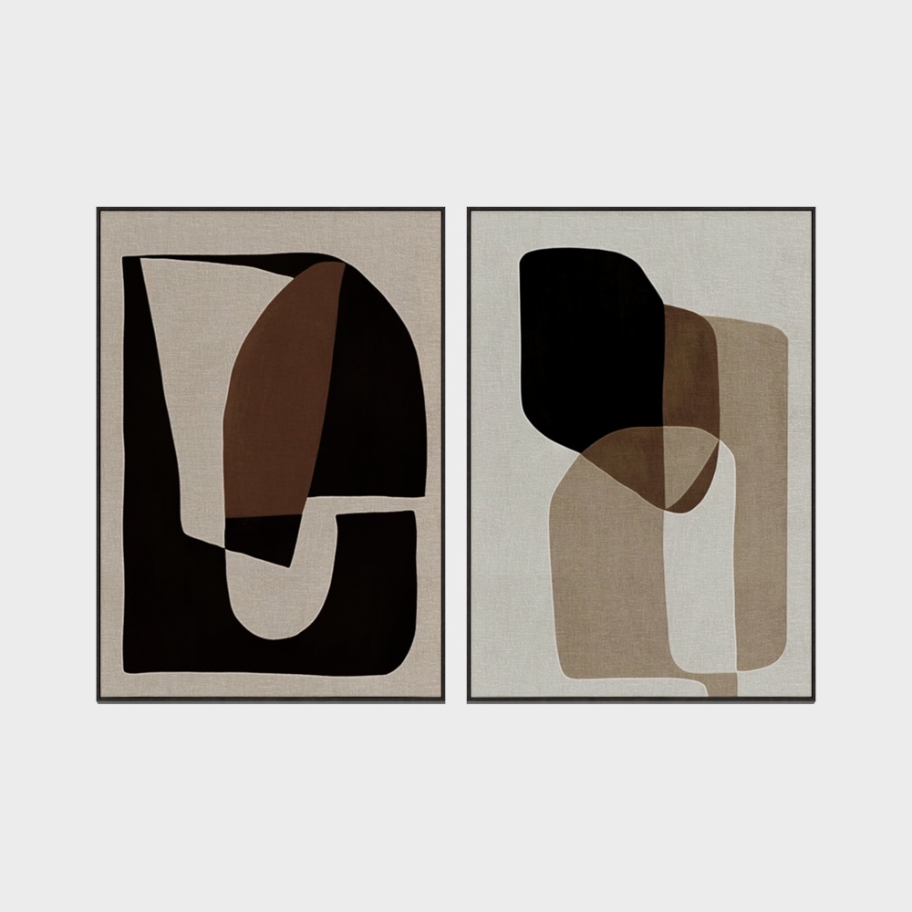 Set of two abstract wall art prints with black and brown shapes on beige background