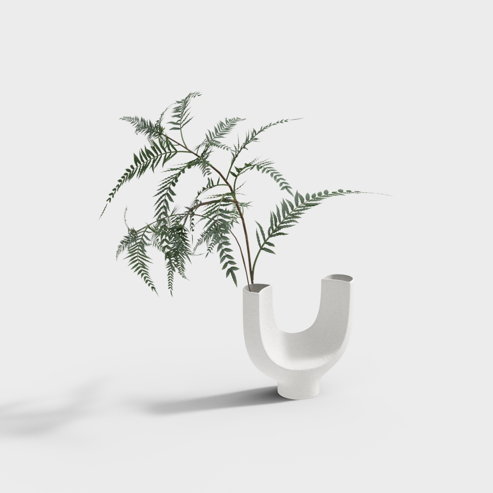 White ceramic U shaped vase with green fern branches on white background