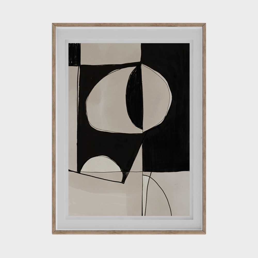 Modern black and beige abstract art print in light wood frame on white background