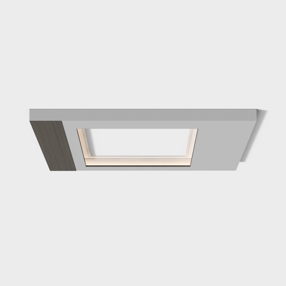 Modern rectangular ceiling light with white frame and dark wood side panel on grey background