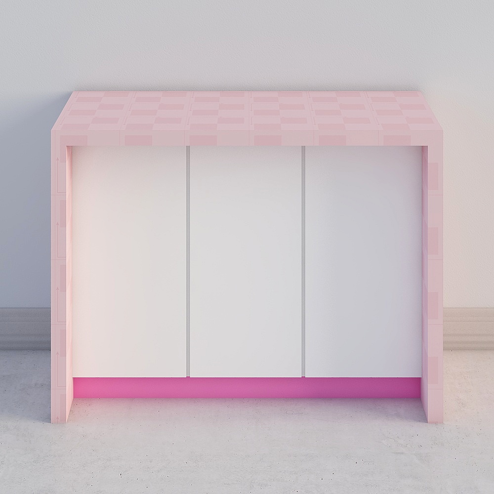 Modern pink cabinet with white doors and checkered top on grey background