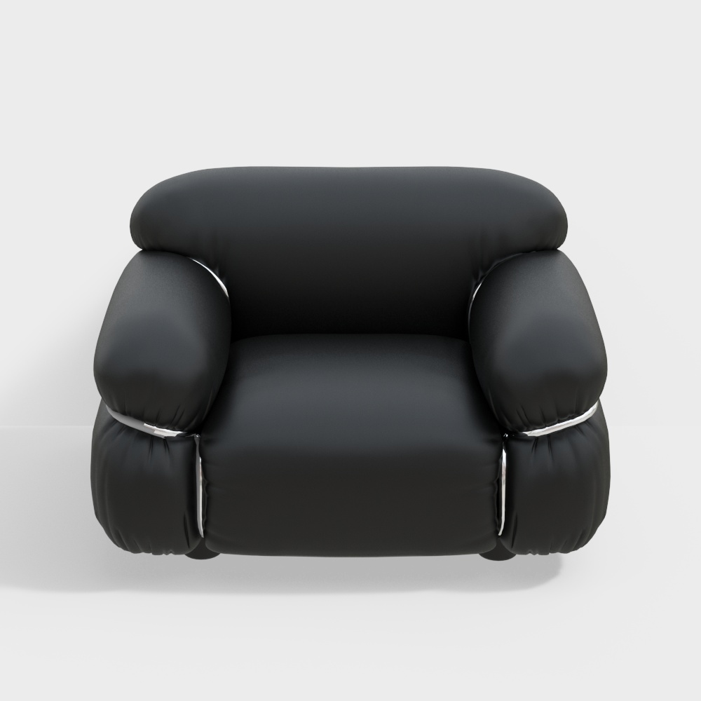 Modern black leather armchair with silver metal rings on white background