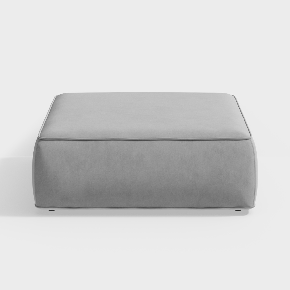 Modern square grey fabric footrest with thick cushion and small black legs on white background