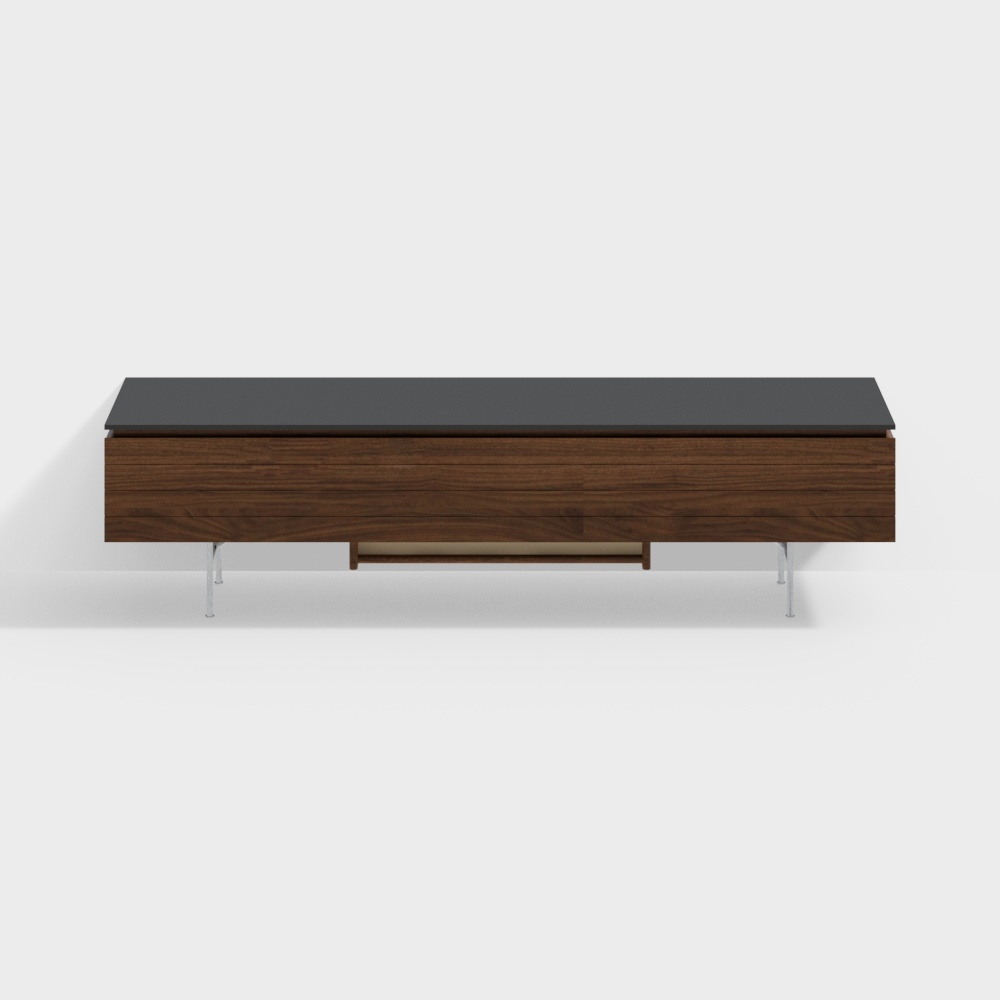 Modern dark wood TV stand with black top and silver legs on white background