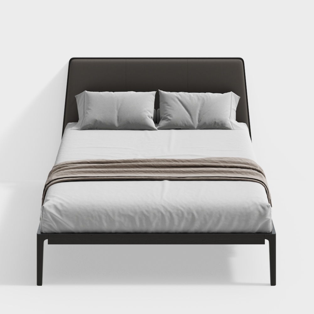 Modern black bed with dark headboard white sheets and beige blanket on white background