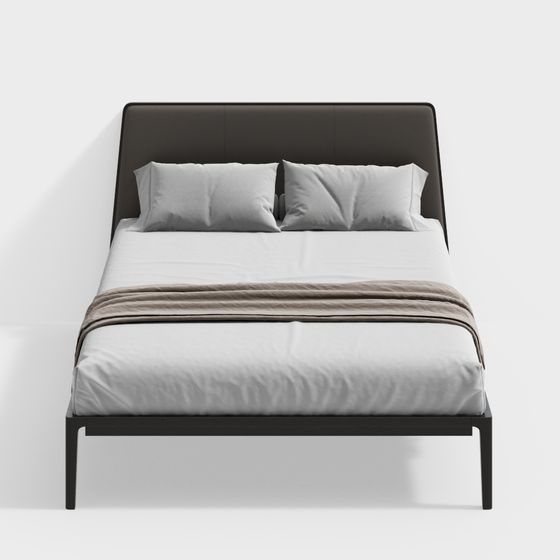 Modern black bed with dark headboard white sheets and beige blanket on white background