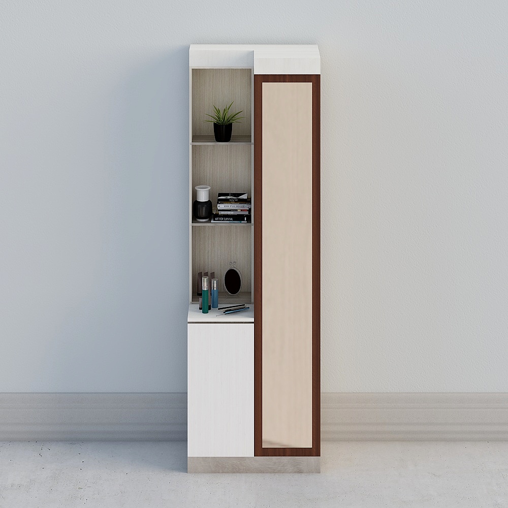 Modern white and wood tall cabinet with open shelves on grey background