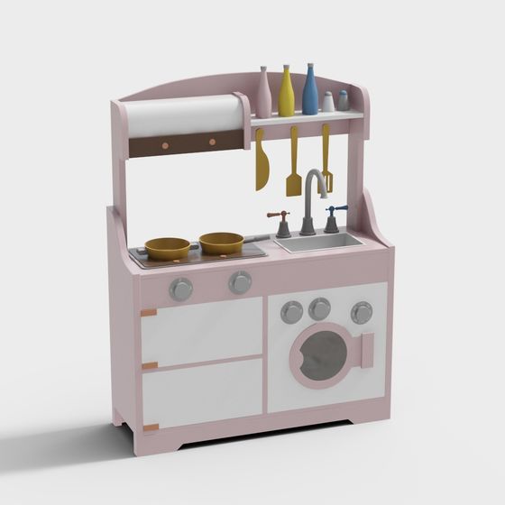 Charming Pink Low-Poly Kitchen 3D model