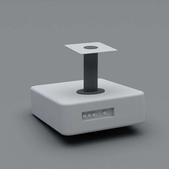 White square base with black pole and top plate on grey background