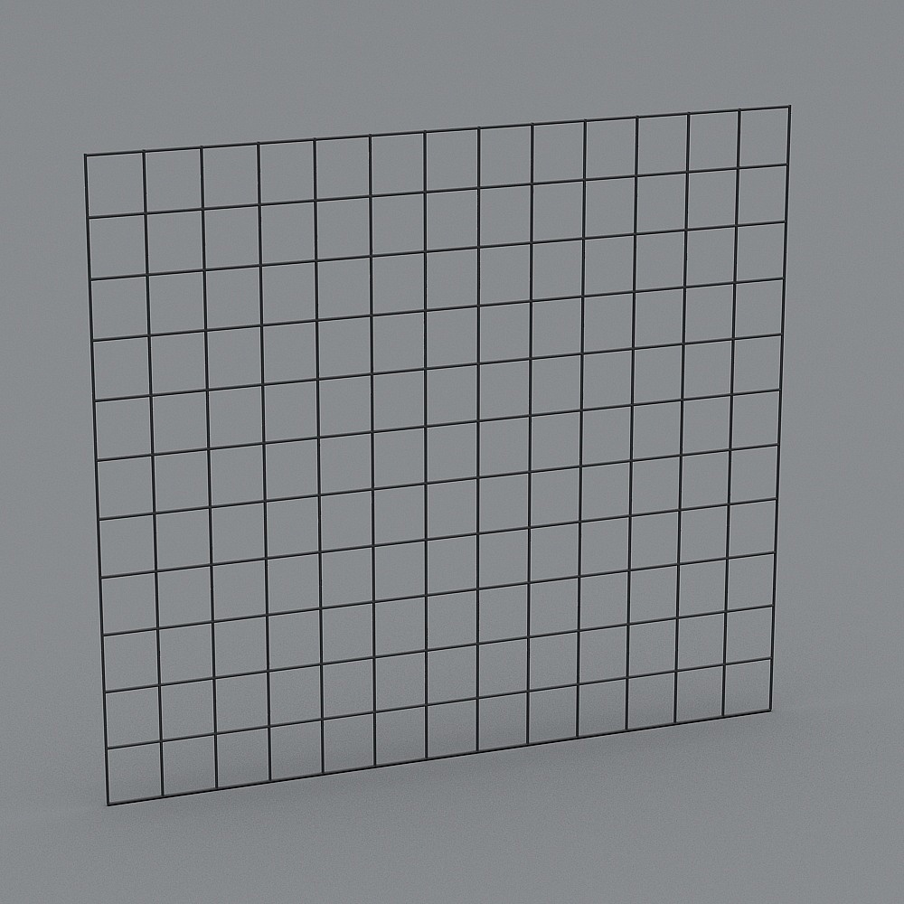 Black metal grid wall panel with square pattern for storage on grey background