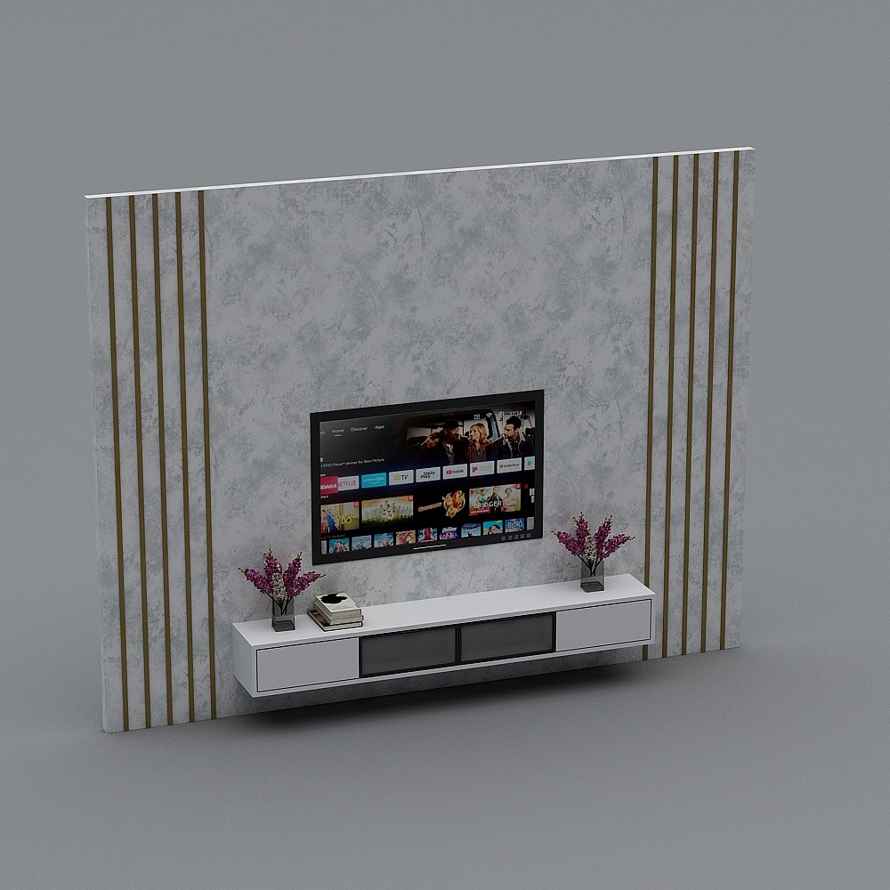 Modern white wall unit with gold strips and grey texture on grey background