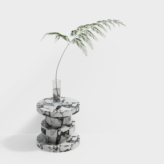 Round white marble side table with black veins and glass vase on grey background
