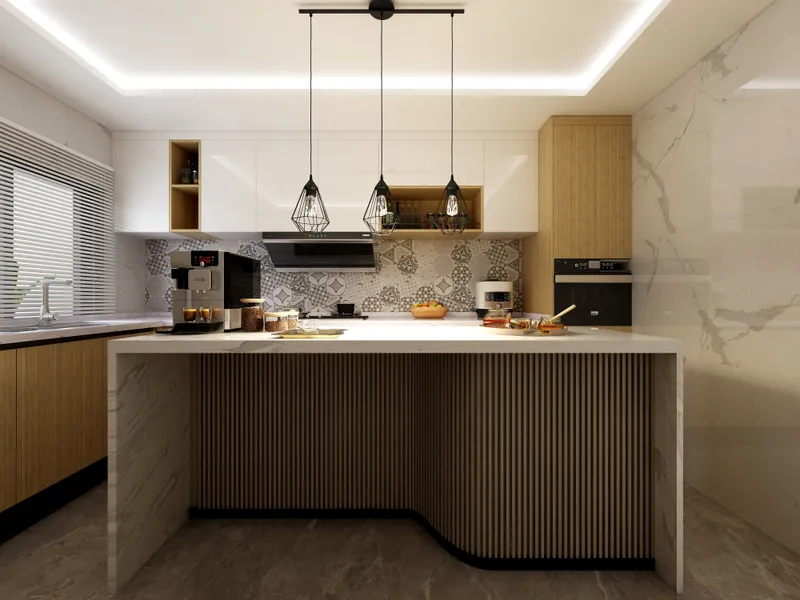 Modern kitchen with marble island, wooden slats, black ceiling lights, white cabinets, and patterned tiles