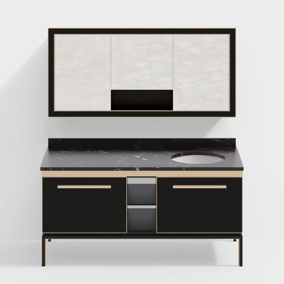 Elegant Black Marble Bathroom Cabinet 3D Model – Modern Minimalist