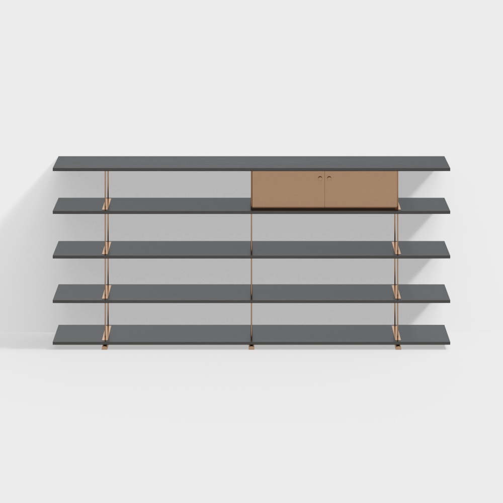 Modern dark grey wall shelf with brown cabinet and gold legs on white background