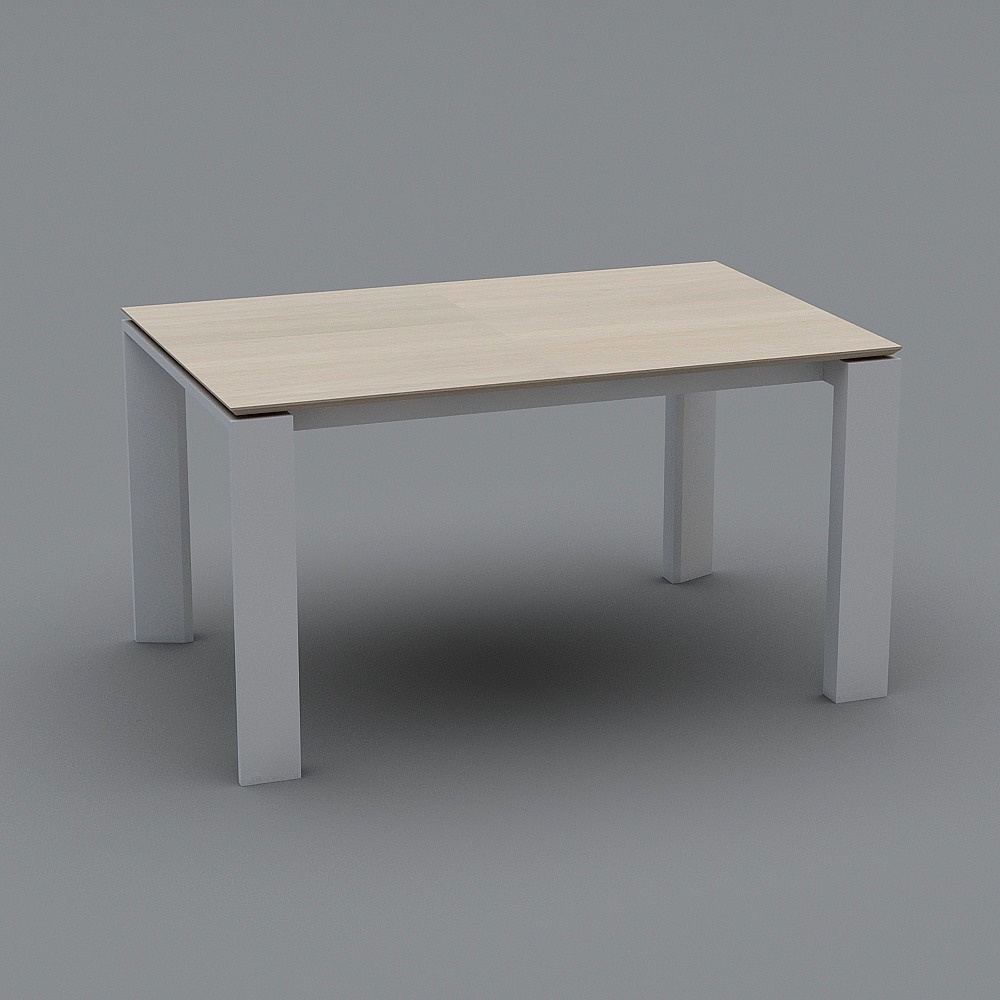 Modern rectangular table with light wood top and white legs on grey background