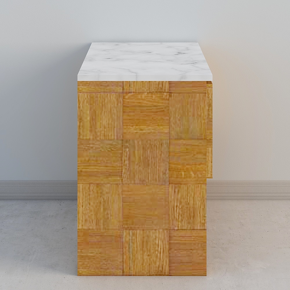 Modern side table with white marble top and checkered wood base on grey background