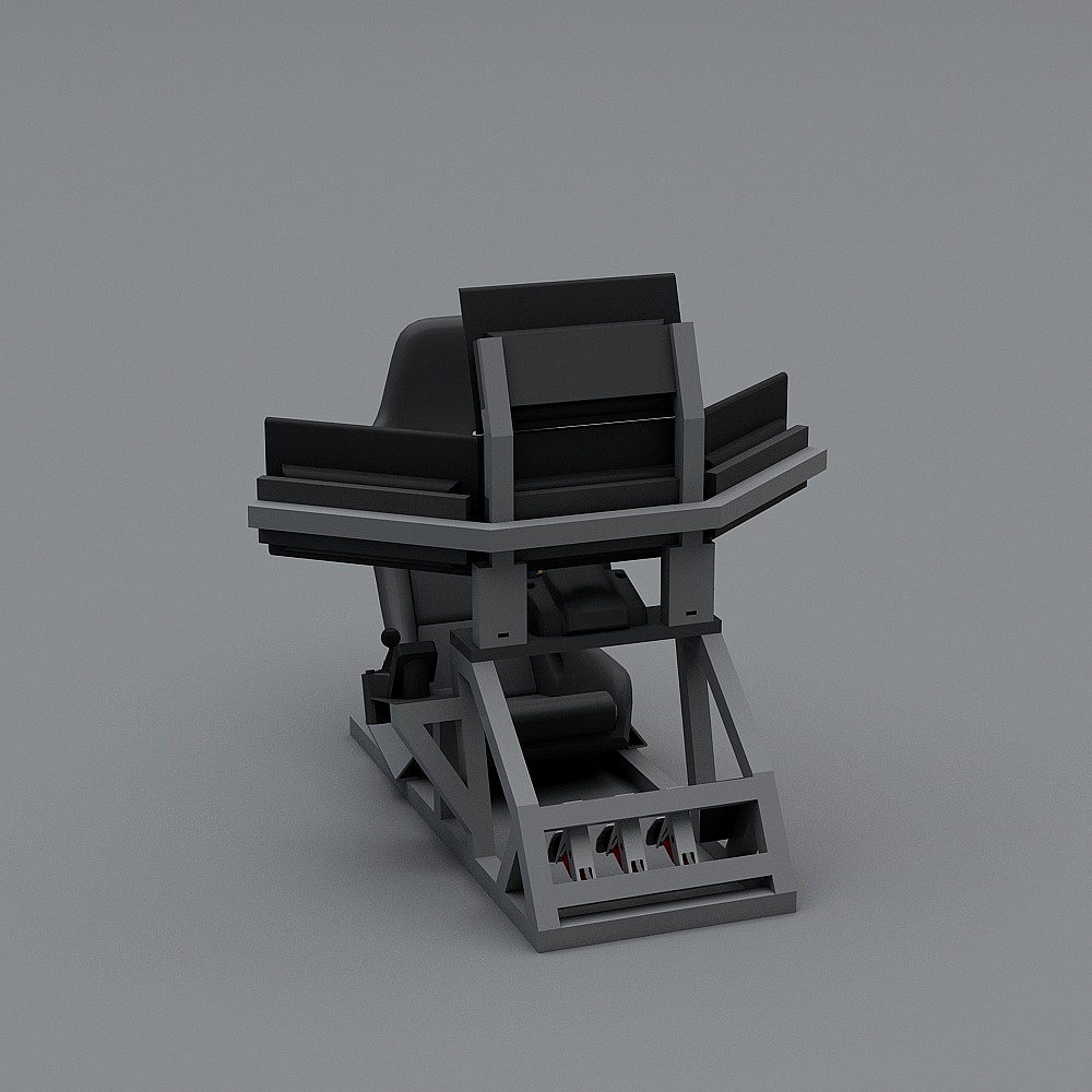 Modern black and grey pilot seat with metal frame on grey background