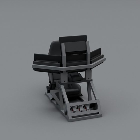 Modern black and grey pilot seat with metal frame on grey background