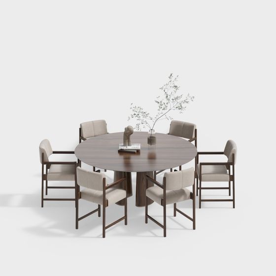 Stylish Round Table and Six Chairs 3D model