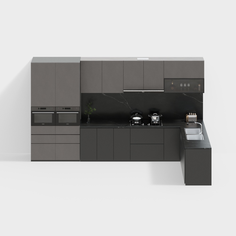 Sleek Modern Kitchen Design 3D Model – Gray and Marble