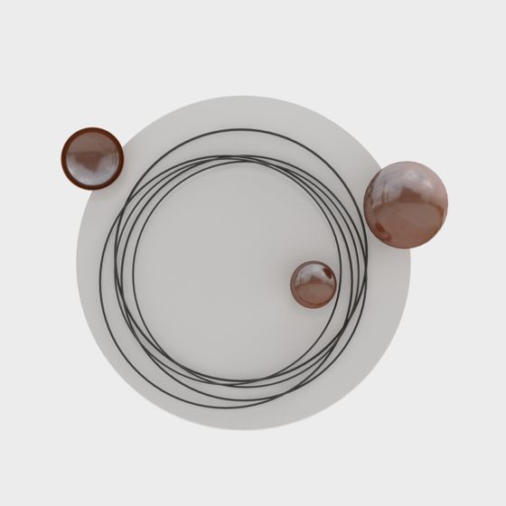 Modern white ceiling light with black rings and brown glass globes on grey background