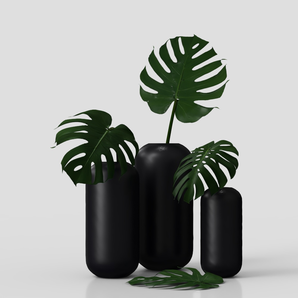 Tropical Green Plant and Black Vase 3D Model – Low-Poly Decor