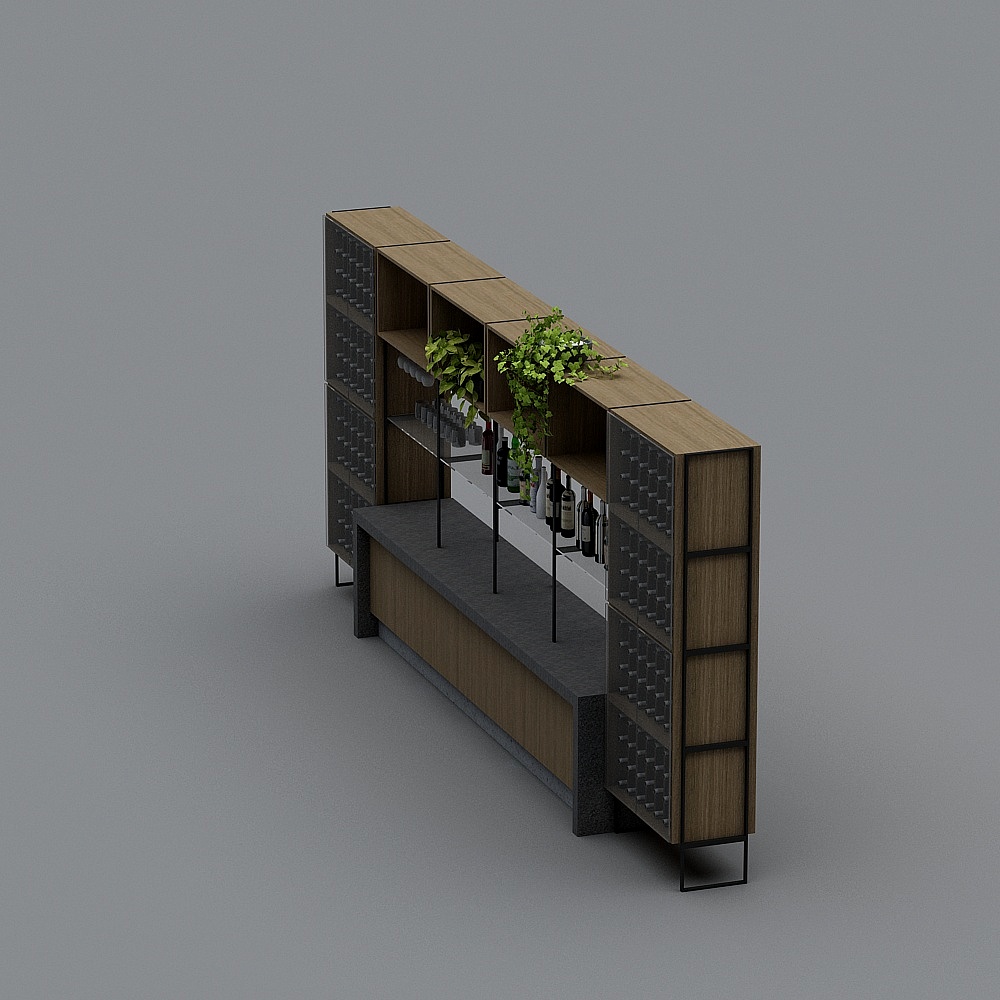 Modern wood and black metal bar counter with wine storage shelves on grey background