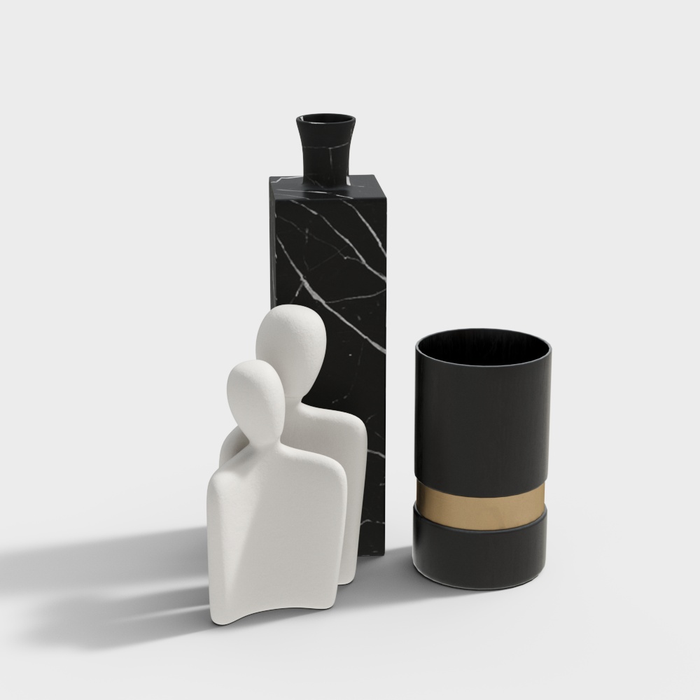 Set of modern black and white vases with gold accent on grey background