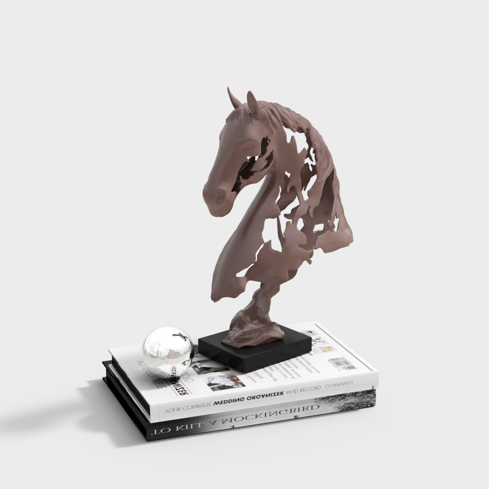 Brown horse head sculpture on black base with glass sphere on white background