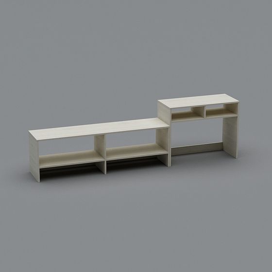 Modern light wood TV cabinet with open shelves on grey background