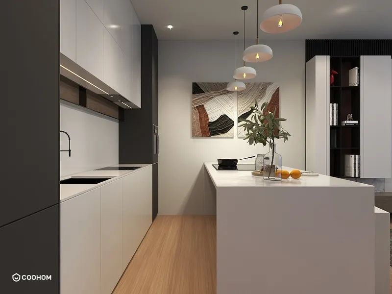Modern kitchen with white cabinets, large island, hanging ceiling lights, wood floor, and abstract art