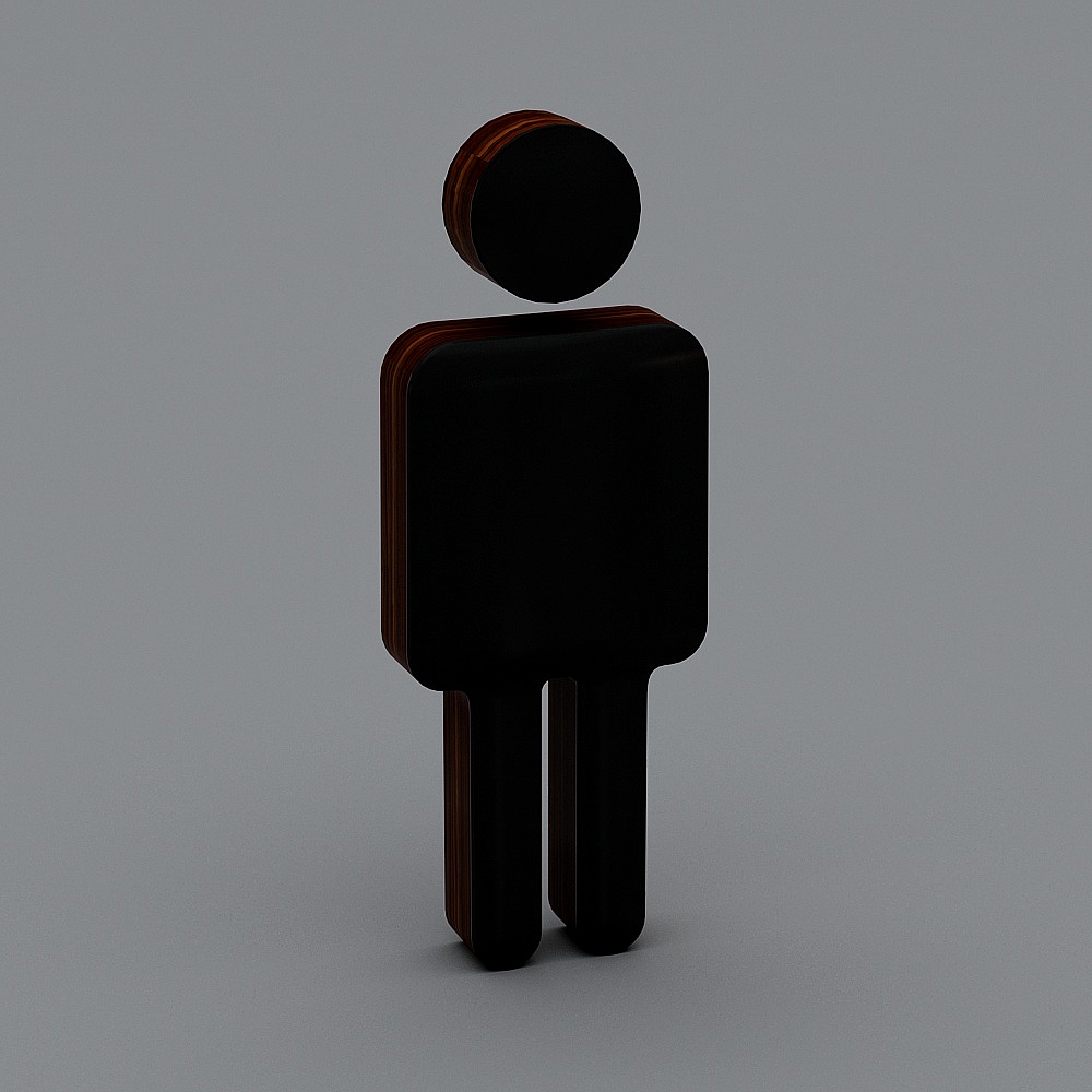 Minimalist black male restroom sign with dark wood edges on grey background