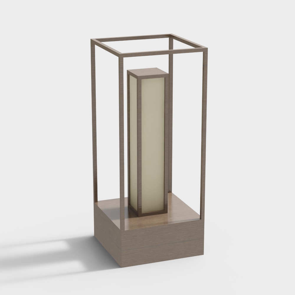 Modern rectangular table lamp with wood base and cream light panel on white background