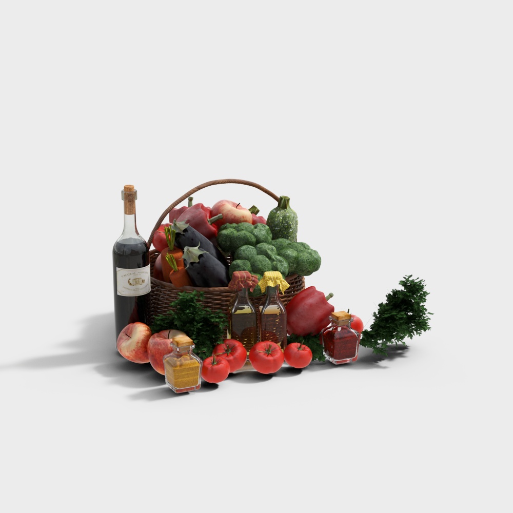 Basket of fresh vegetables and fruits with wine bottle on white background