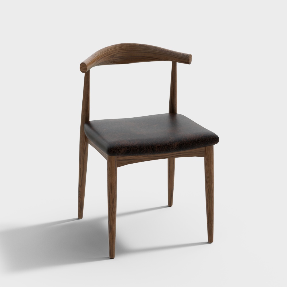 Modern wooden dining chair with dark brown leather seat and curved backrest on white background