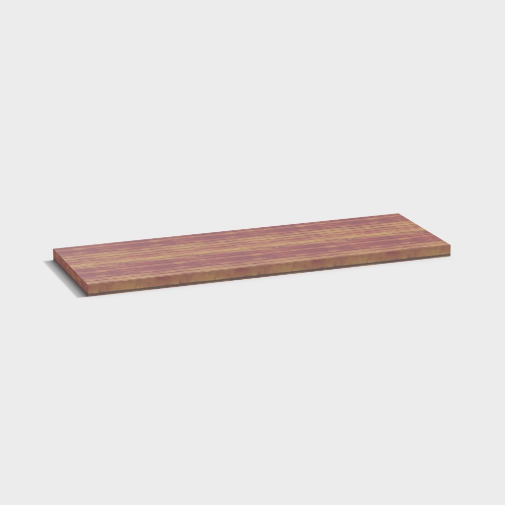 Long rectangular wood plank with reddish brown grain and smooth surface on light grey background