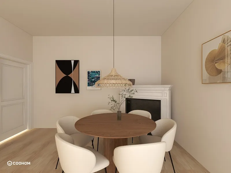 Round wooden dining table with white chairs and woven ceiling light next to a white fireplace