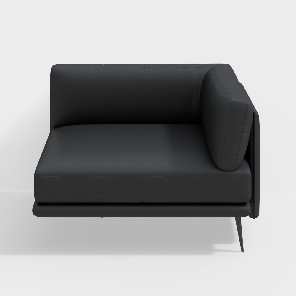 Modern black leather armchair with low back and metal legs on white background