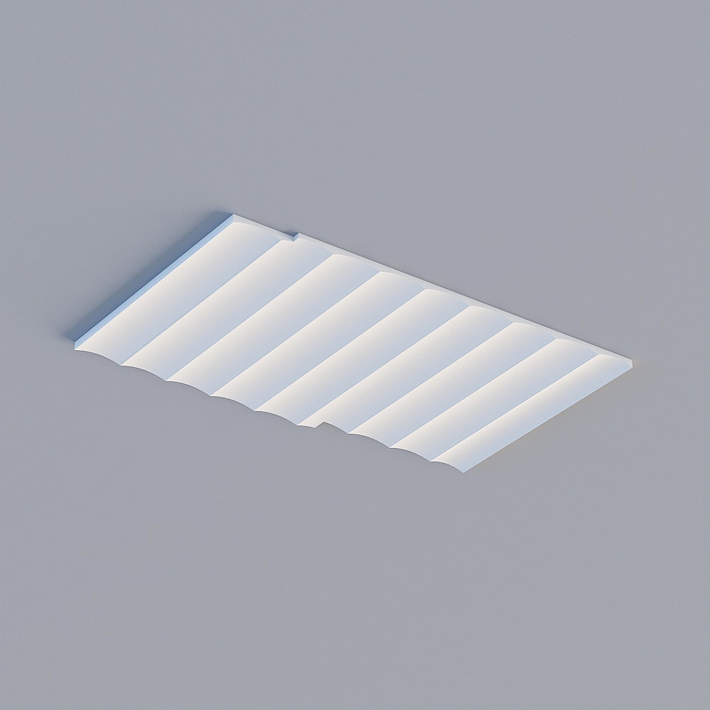 Modern white ceiling light with wavy ribbed design and bright glow on grey background