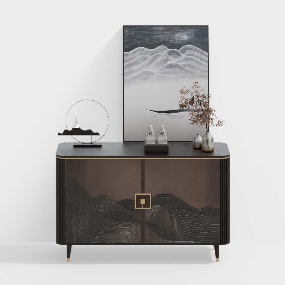 Breeze Cabinet 3D Model – Dark Wood with Gold Accents
